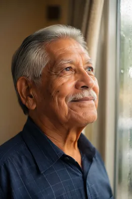 Hopeful Elderly Man by Rainy Window
