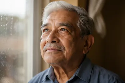 Hopeful Elderly Man by Rainy Window
