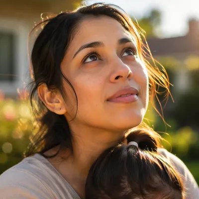 Hopeful Mother Looking Up at Sunrise