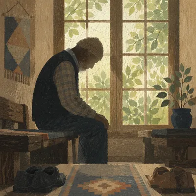 Humble Elder Bowing in Gentle Window Light