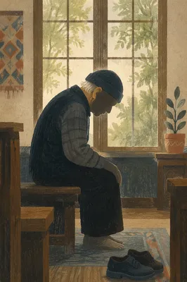 Humble Elder Bowing in Gentle Window Light