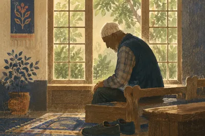 Humble Elder Bowed in Gentle Window Light