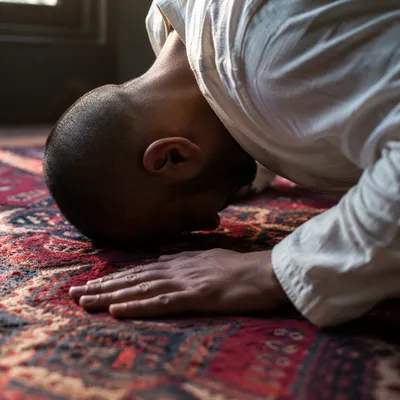 Humble Prayer on Red Woven Rug