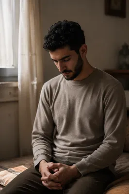 Young Man Bowed in Gentle Window Light