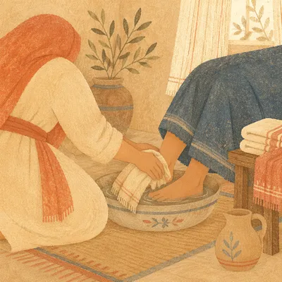 Humble Foot Washing in Quiet Morning Light