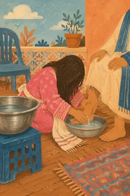 Humble Foot Washing on Sunlit Balcony