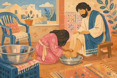 Humble Foot Washing on Sunlit Balcony