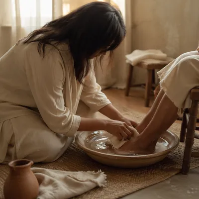 Humble Foot Washing in Morning Light