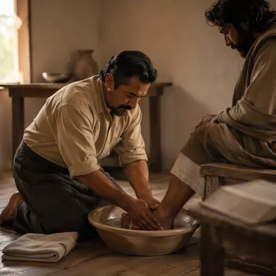 Man Washing Another Person's Feet Indoors