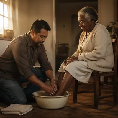 Man Washing Elderly Woman's Feet Indoors