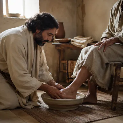 Man Washing Feet in Rustic Room