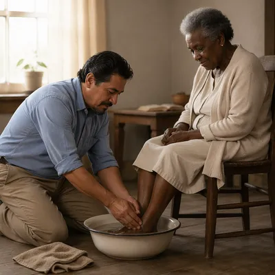Man Washing Elderly Woman's Feet Indoors