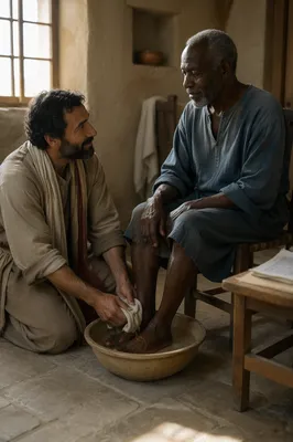 Man Washing Elderly Man’s Feet Indoors