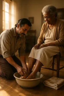 Man Washing Elderly Woman's Feet Indoors