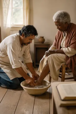 Man Washing Elderly Woman's Feet Indoors