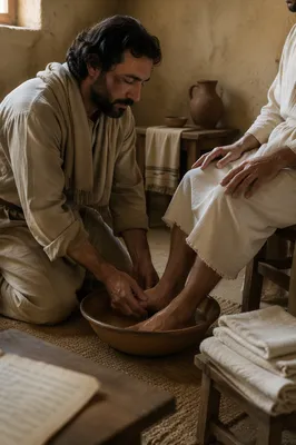 Man Washing Feet in Rustic Room