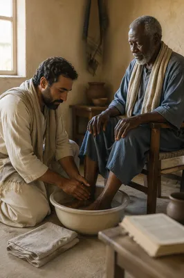 Man Washing Elderly Man’s Feet Indoors