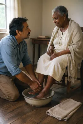 Man Washing Elderly Woman Feet Indoors