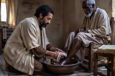 Man Washing Elderly Man's Feet Indoors