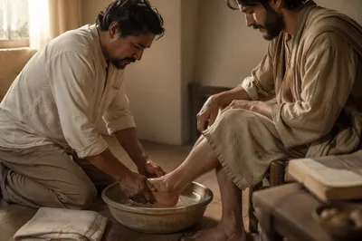 Man Washing Another Person's Feet Indoors