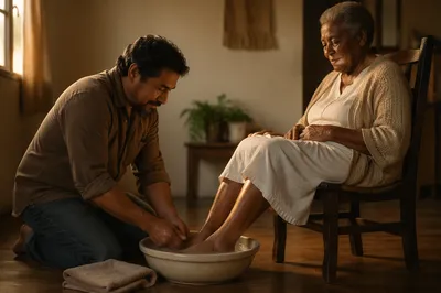 Man Washing Elderly Woman Feet Indoors