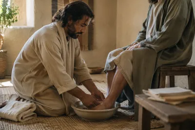 Man Washing Feet in Rustic Room
