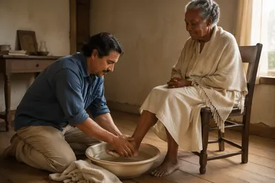 Man Washing Elderly Woman's Feet Indoors