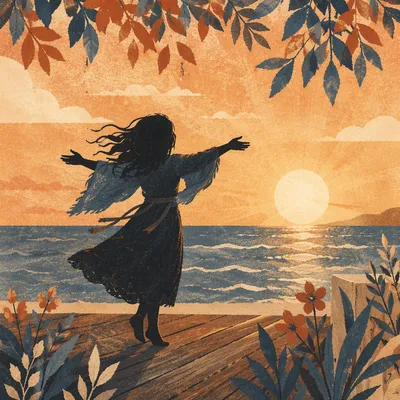 Joyful Sunset Dance Beside Calm Ocean