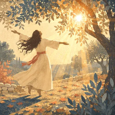 Joyful Dancer in Golden Sunlit Grove