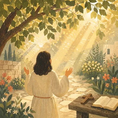 Christian Joy Beneath Sunlit Garden Leaves