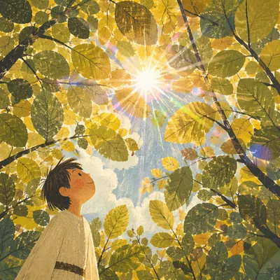 Joyful Sunlight Through Woodland Leaves