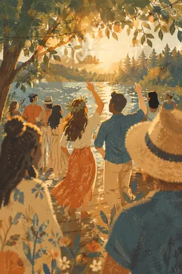 Joyful Lakeside Celebration in Golden Sunlight
