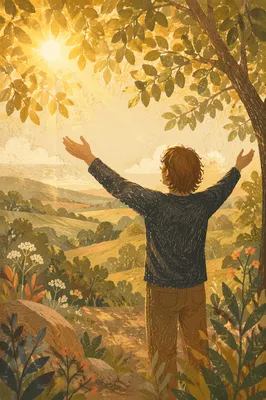 Person Reaching Toward Sunlit Forest Clearing