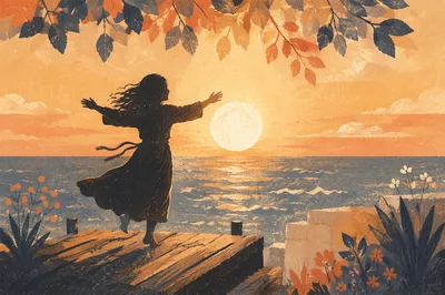 Joyful Dance in Golden Sunset Leaves