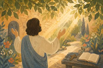 Christian Joy Beneath Sunlit Garden Leaves