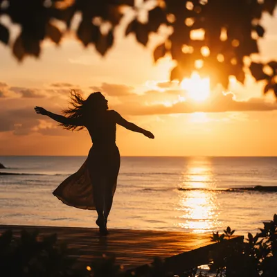 Joyful Sunset Dance Beside Calm Ocean
