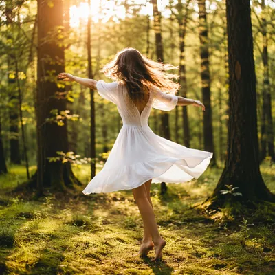 Joyful Dancer in Sunlit Woodland Clearing