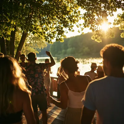 Joyful Lakeside Dancing in Sunlit Forest