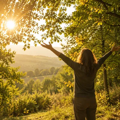 Person in Sunlit Forest Clearing