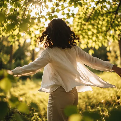 Joyful Sunlit Twirl Beneath Spring Leaves