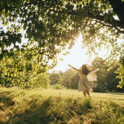 Joyful Twirl Beneath Sunlit Summer Leaves