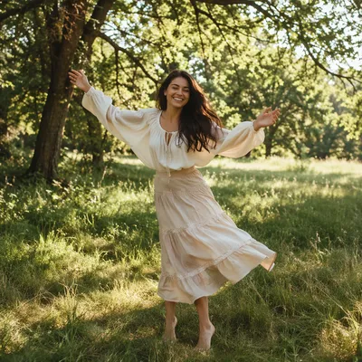 Joyful Woman Twirling in Sunlit Meadow
