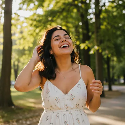 Joyful Woman Beneath Sunlit Green Trees