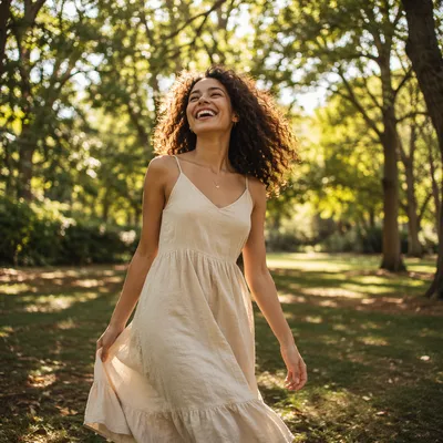 Joyful Woman Dancing in Sunlit Park