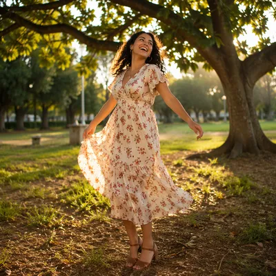 Joyful Woman Twirling Beneath Leafy Tree