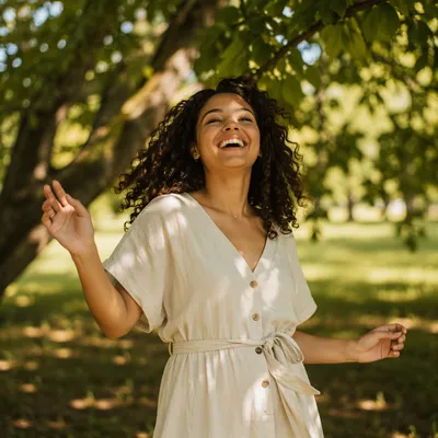 Joyful Woman Laughing Beneath Sunlit Tree