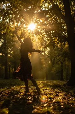 Joyful Silhouette Dancing in Sunlit Grove