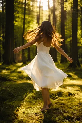 Joyful Dancer in Sunlit Woodland Clearing