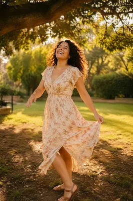Joyful Woman Twirling Beneath Sunlit Tree