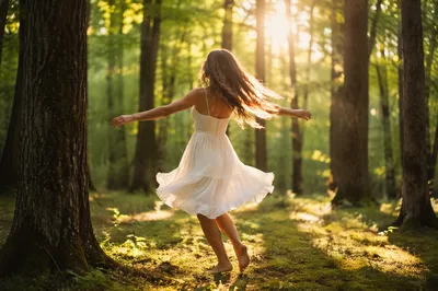 Joyful Dancer in Sunlit Woodland Clearing